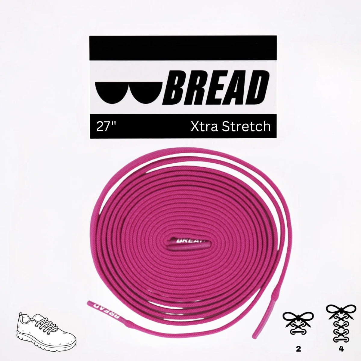 Pink elastic shoelace by Bread, flexible and adjustable for comfortable footwear, shown in the product image.