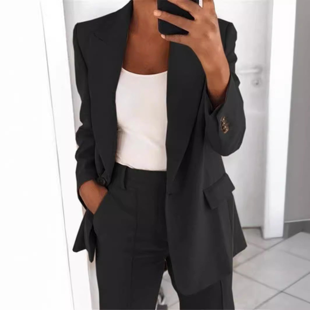 Plush Fashion Hub slim fit blazer with notched collar, tailored outerwear in a sophisticated design, perfect for formal or professional wear.