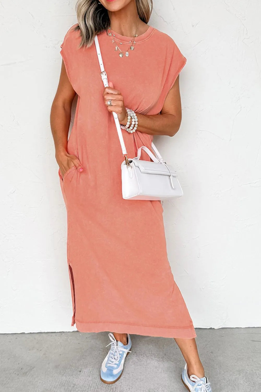 Plush Fashion Hub side split round neck cap sleeve T-shirt dress, casual and comfortable, with a relaxed fit and stylish design.