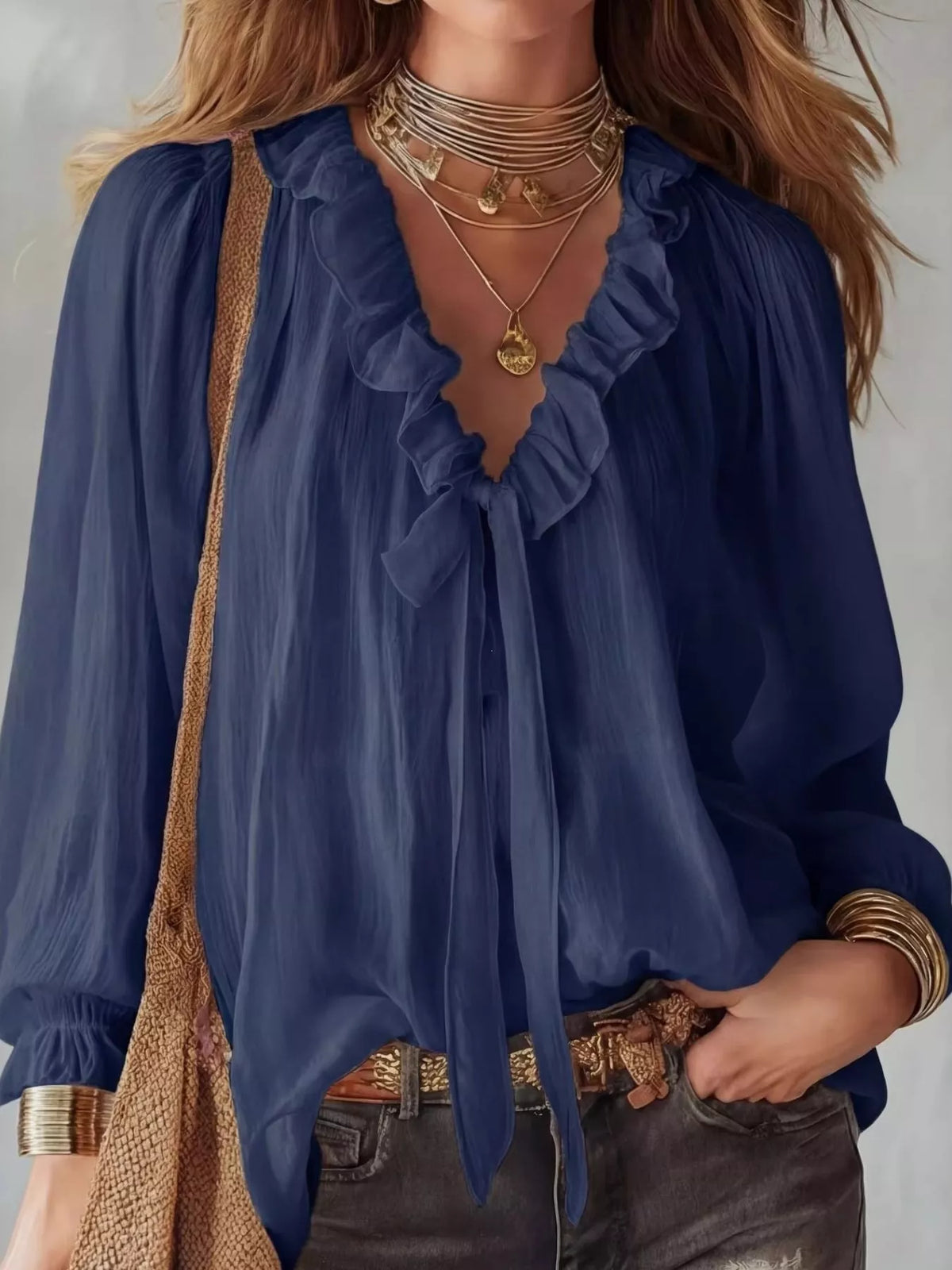 Plush Fashion Hub ruffle long sleeve blouse with delicate fabric and elegant design, shown in a stylish front view.
