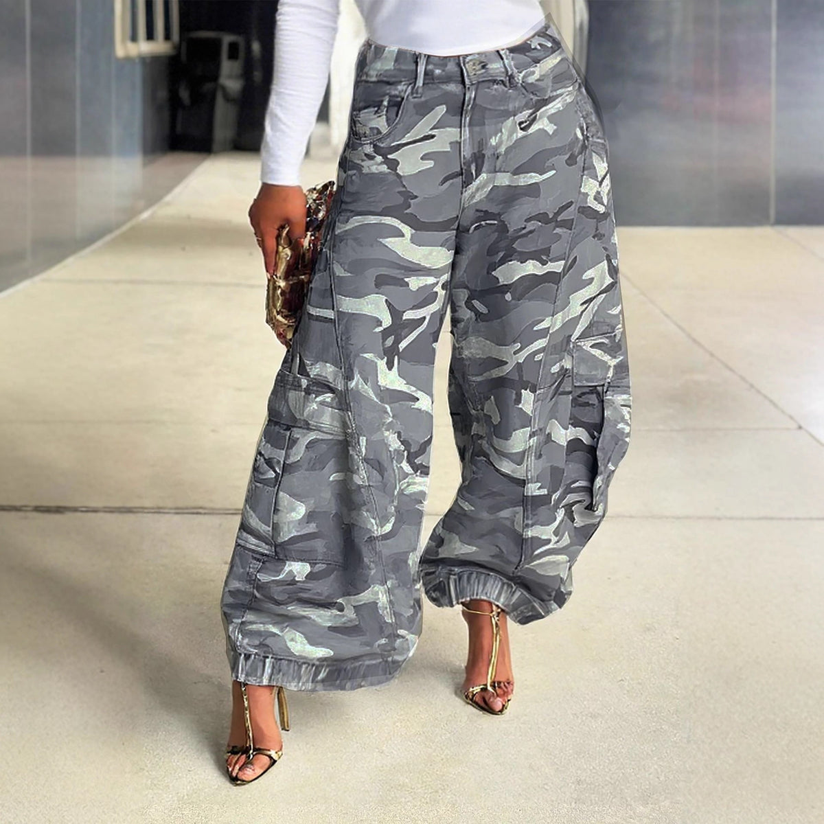 Women’s camouflage wide-leg cargo denim jeans by Plush Fashion Hub, featuring distressed details and relaxed fit.