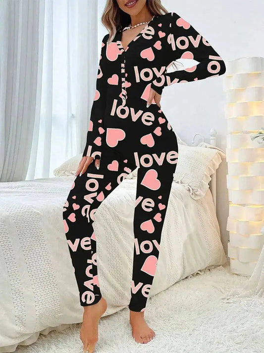 Women Jumpsuit Long Sleeve V Neck Button Closure Letters Heart Print LThe beautiful heart print and V-neck design make it a perfect choice for festive occasions. The long sleeve and button closure add a touch of comfort and conveniencePajamasPlush Fashions ShopPlush Fashion Shop