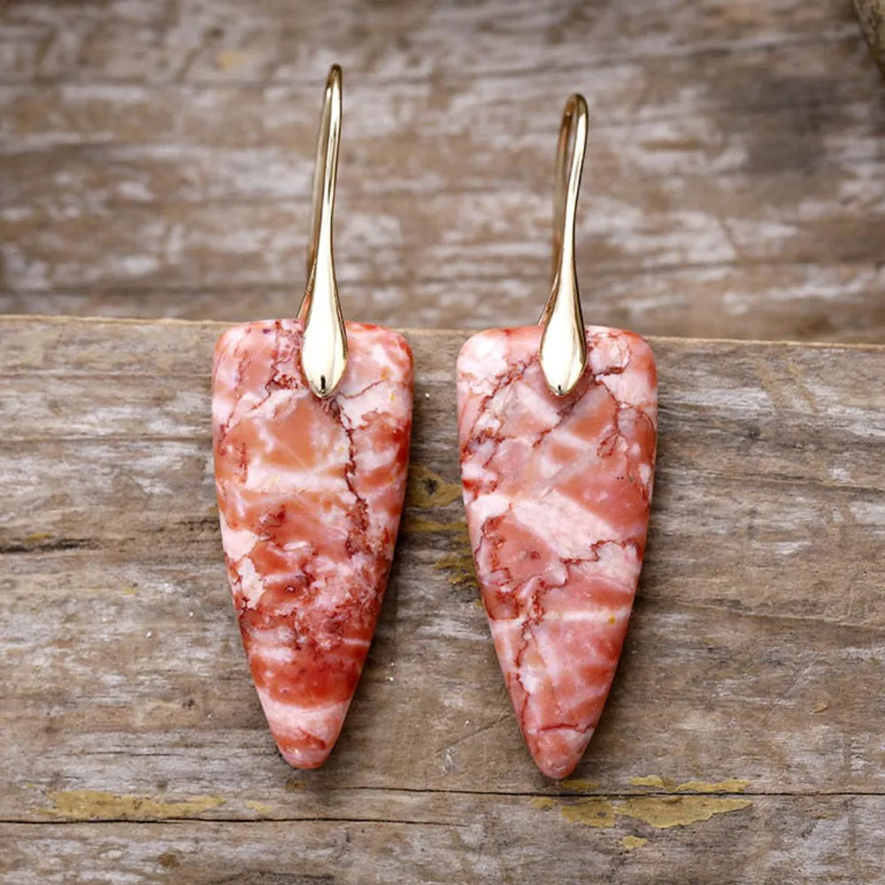 Natural stone geometric shape earrings with gold accents, stylish jewelry accessory from Plush Fashion Hub.