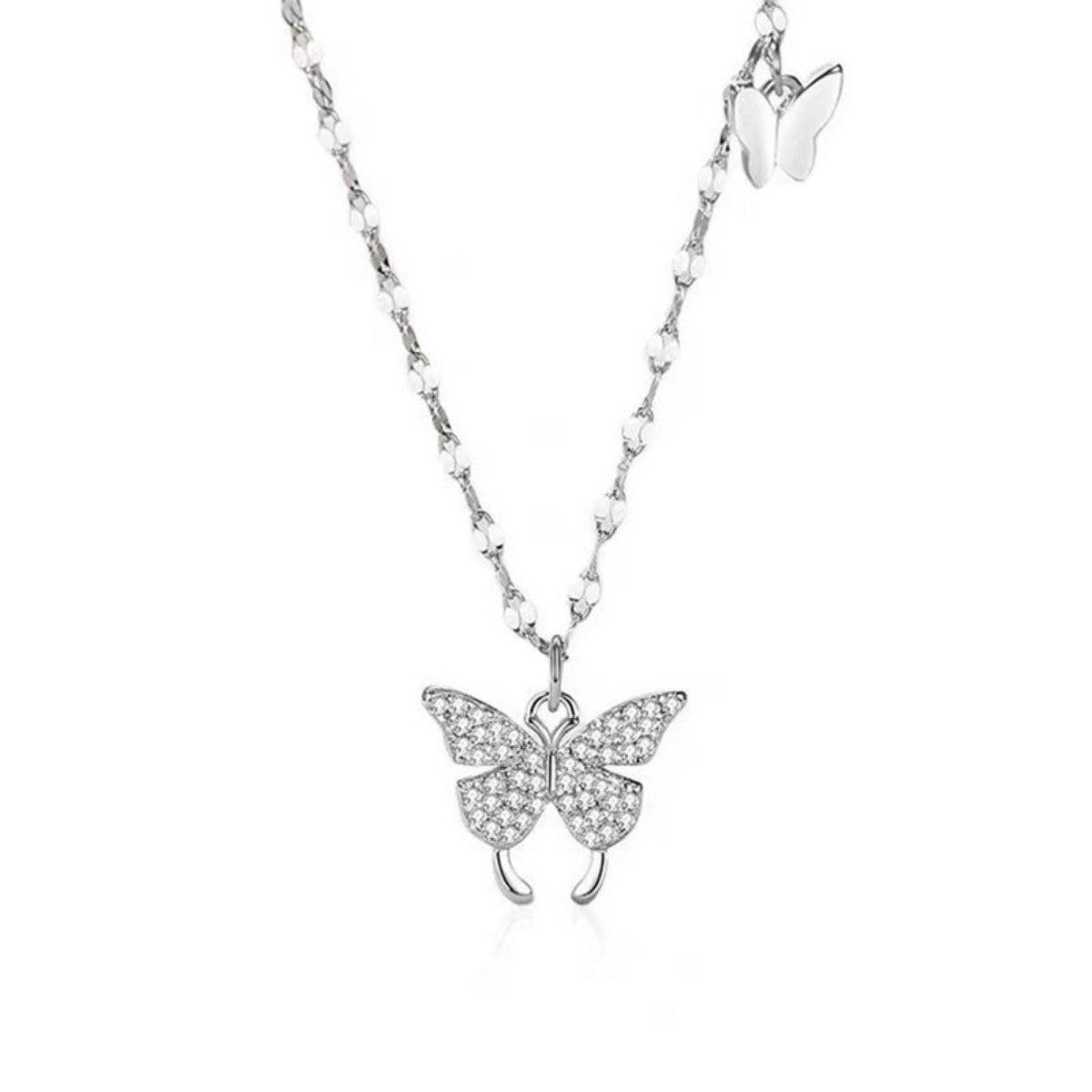 Sterling silver butterfly necklace with zircon stones, featuring a delicate design and clasp closure, from Plush Fashion Hub.