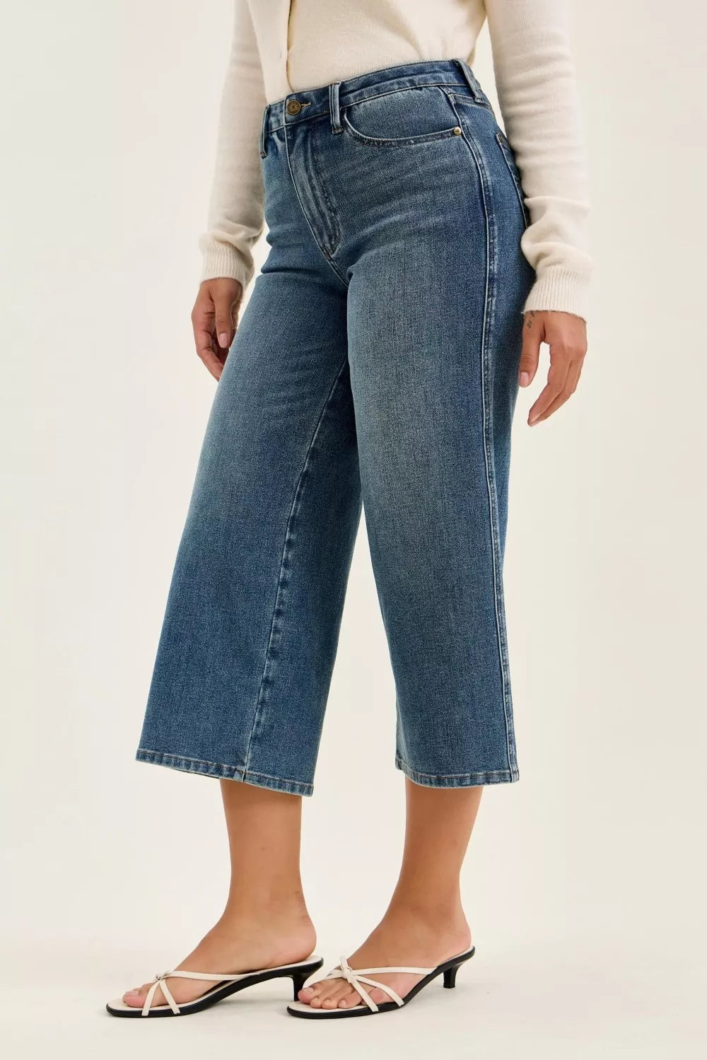Plush Fashion Hub Judy Blue high waist Dottie wide crop jeans with medium quarry fade and distressed details, front view.