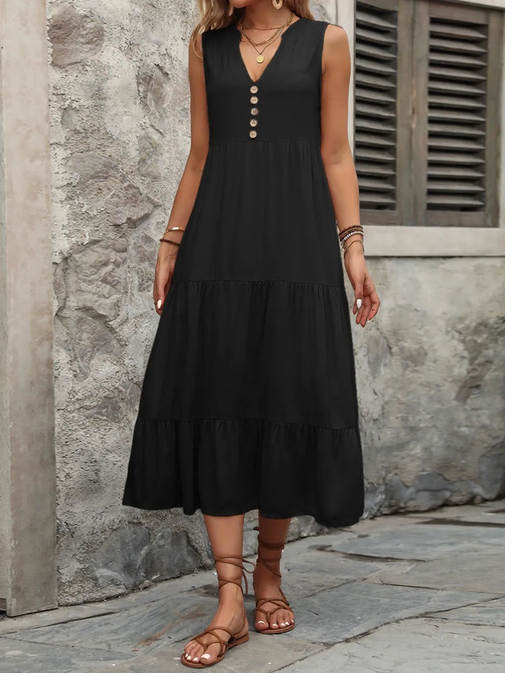 Ivy Lane women’s sleeveless cotton dress with notched neckline and button-down front, showcasing a relaxed fit and stylish design.