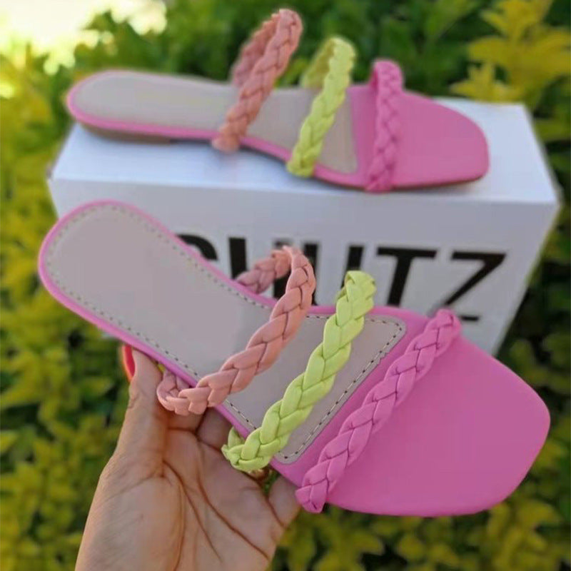 Plus size women's flat woven hollow slippers in matching beach sandal style, featuring comfortable design and neutral color.