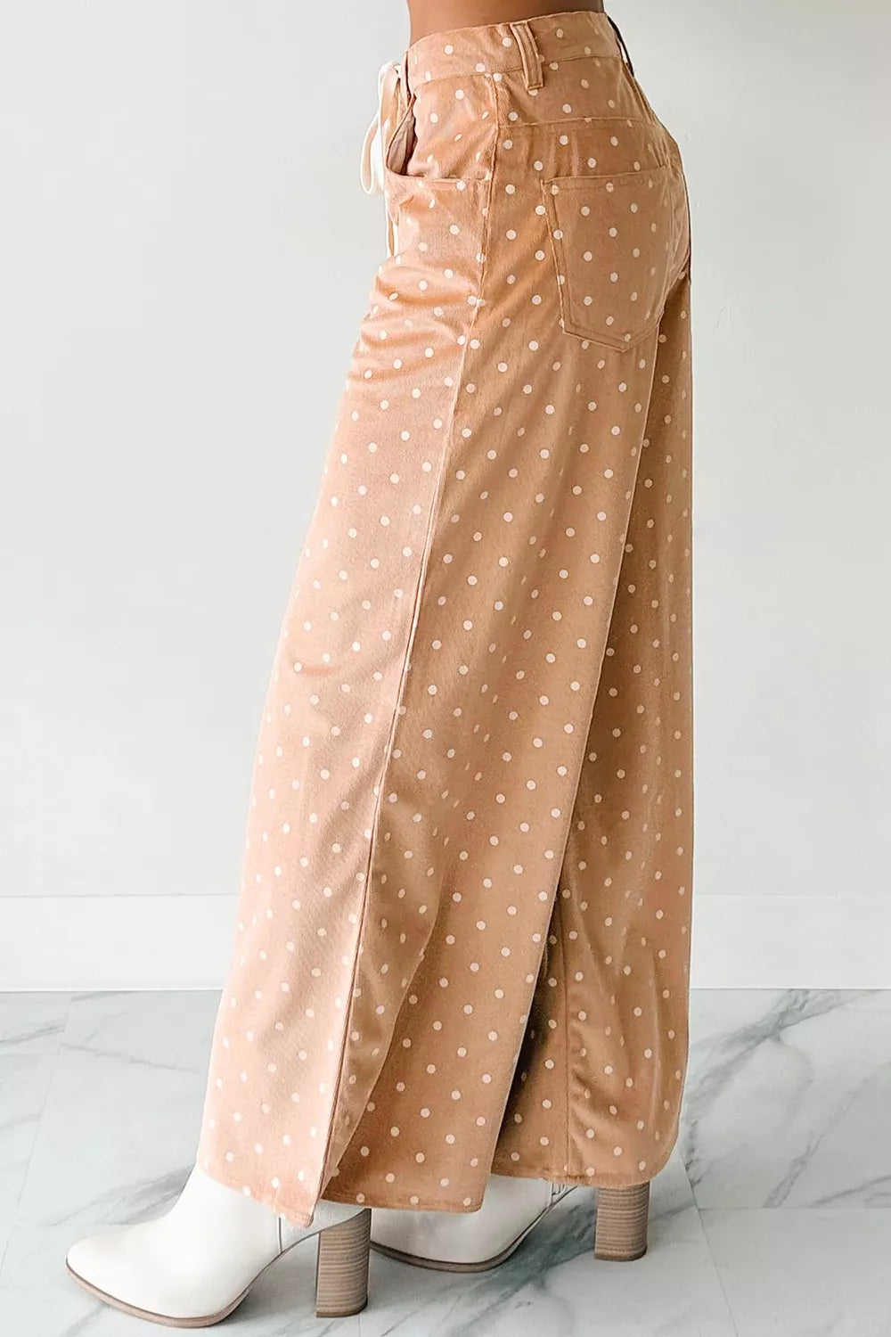Women’s lightweight polka dot wide-leg trousers with drawstring waist, casual dress by Plush Fashion Hub, shown in the image.