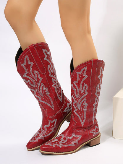 Leather Embroidered Geometric Point Toe Boots