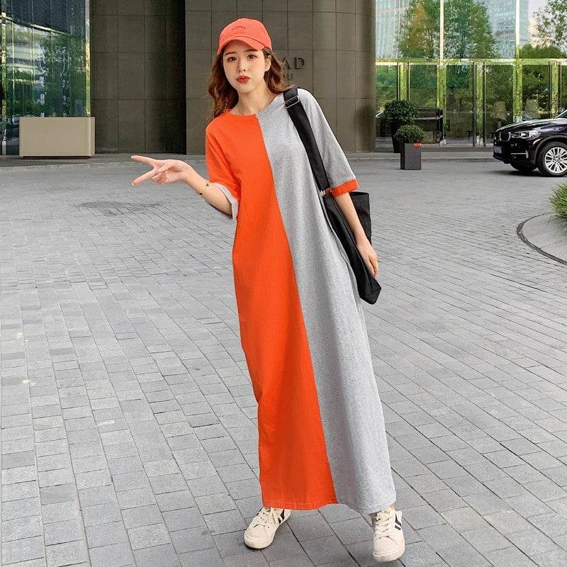 Women's Fashion Casual Cotton Colorblock Loose T-Shirt DressRevamp your wardrobe with our Women's Fashion Casual Cotton Colorblock Loose T-Shirt Dress. Made from lightweight polyester fiber, this orange-gray, green gray, and DressPlush Fashions ShopPlush Fashion Shop