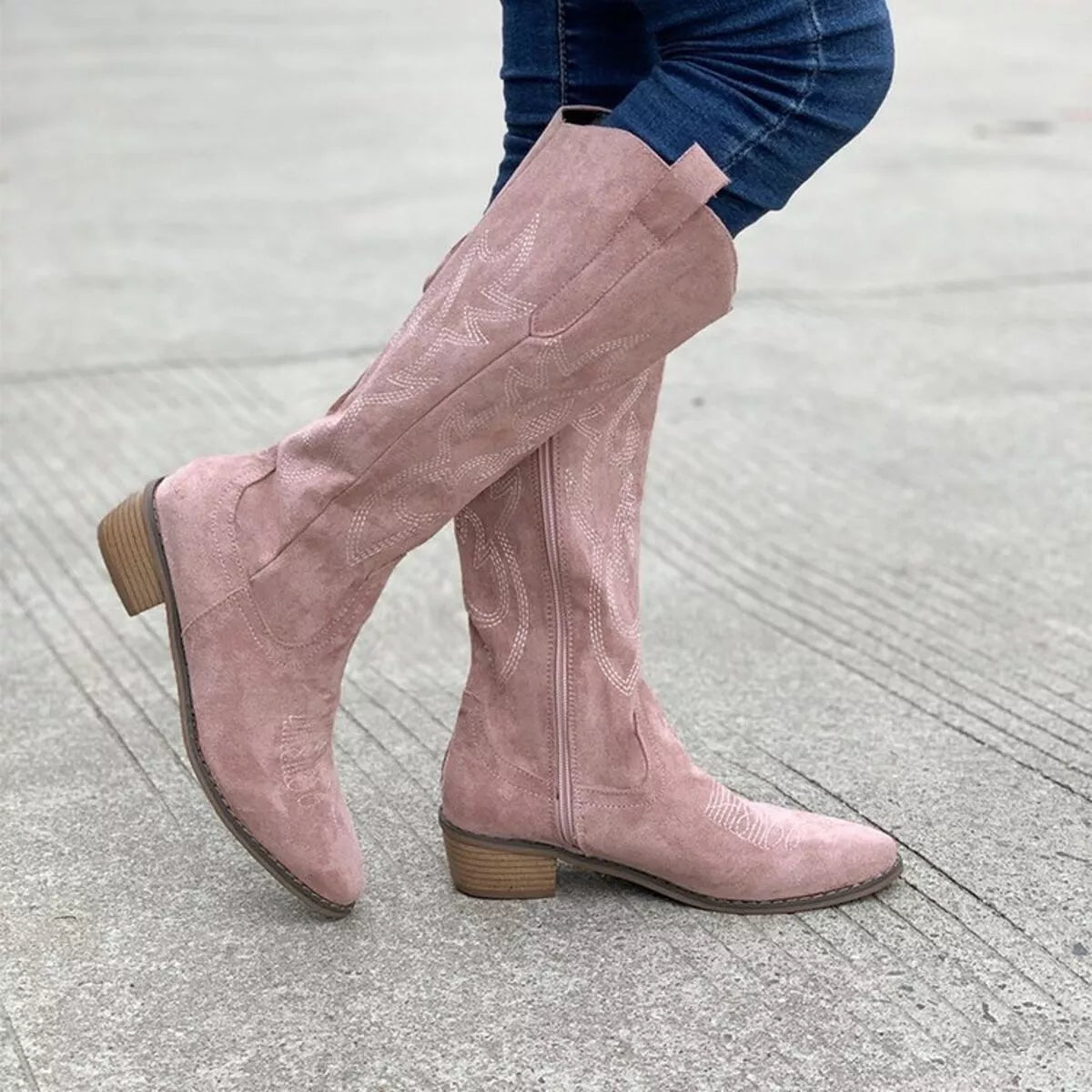 Point toe block heel boots from Trendsi featuring sleek black leather and stylish ankle height for a chic footwear look.