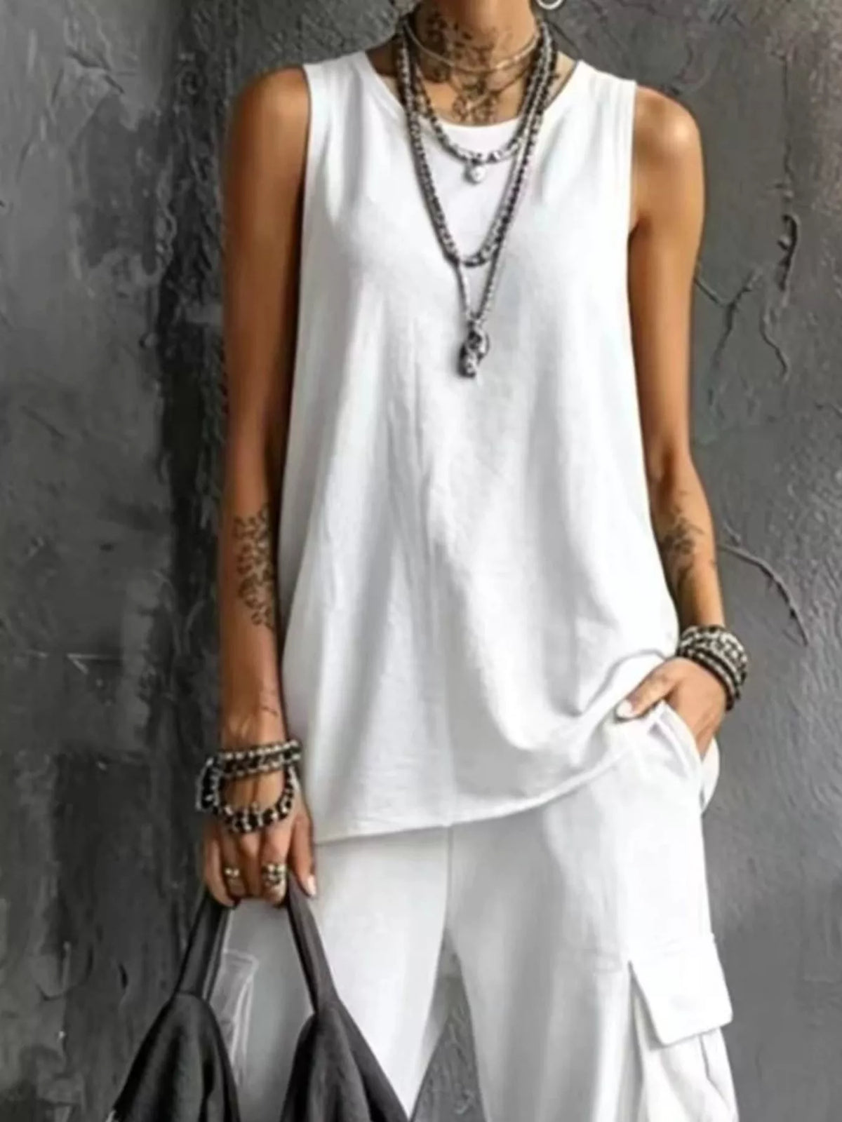 Plus size casual tank top and cargo pants set by Trendsi, featuring a comfortable, full-size outfit for everyday wear.