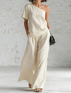 Women's wide-leg pants and top set from FitiqueFit, casualwear 2-piece outfit with three-quarter sleeves, styled for relaxed comfort.