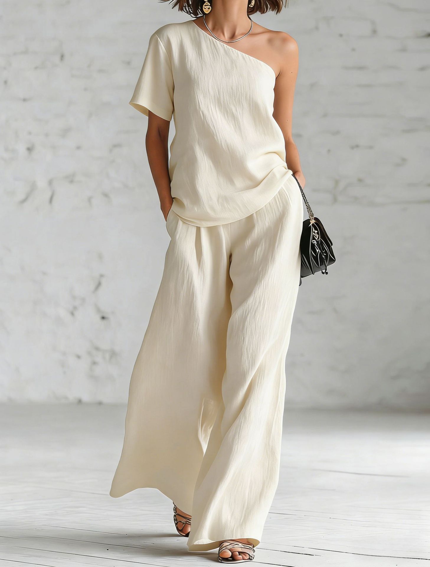 Women's wide-leg pants and top set from FitiqueFit, casualwear 2-piece outfit with three-quarter sleeves, styled for relaxed comfort.