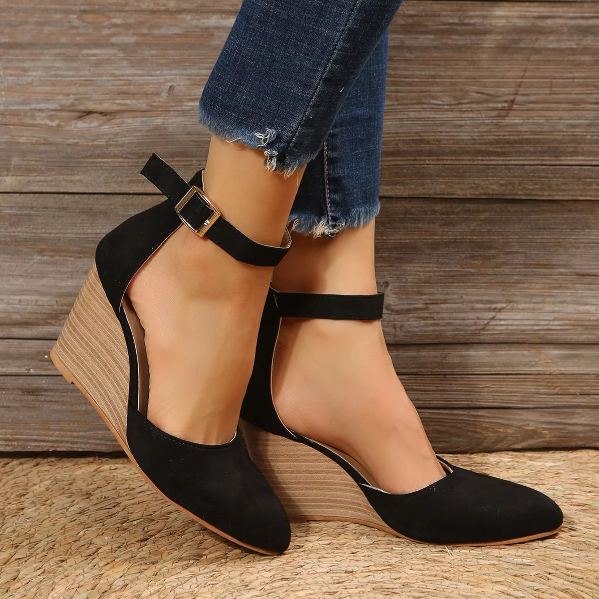 Point toe wedge sandals by Plush Fashion Hub featuring sleek design and comfortable heel for stylish summer footwear.