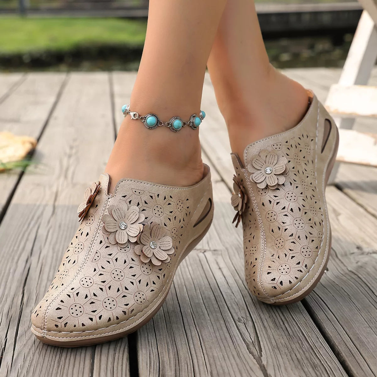 Plush Fashion Hub floral decor round toe sandals with colorful floral accents and comfortable straps on a neutral background.