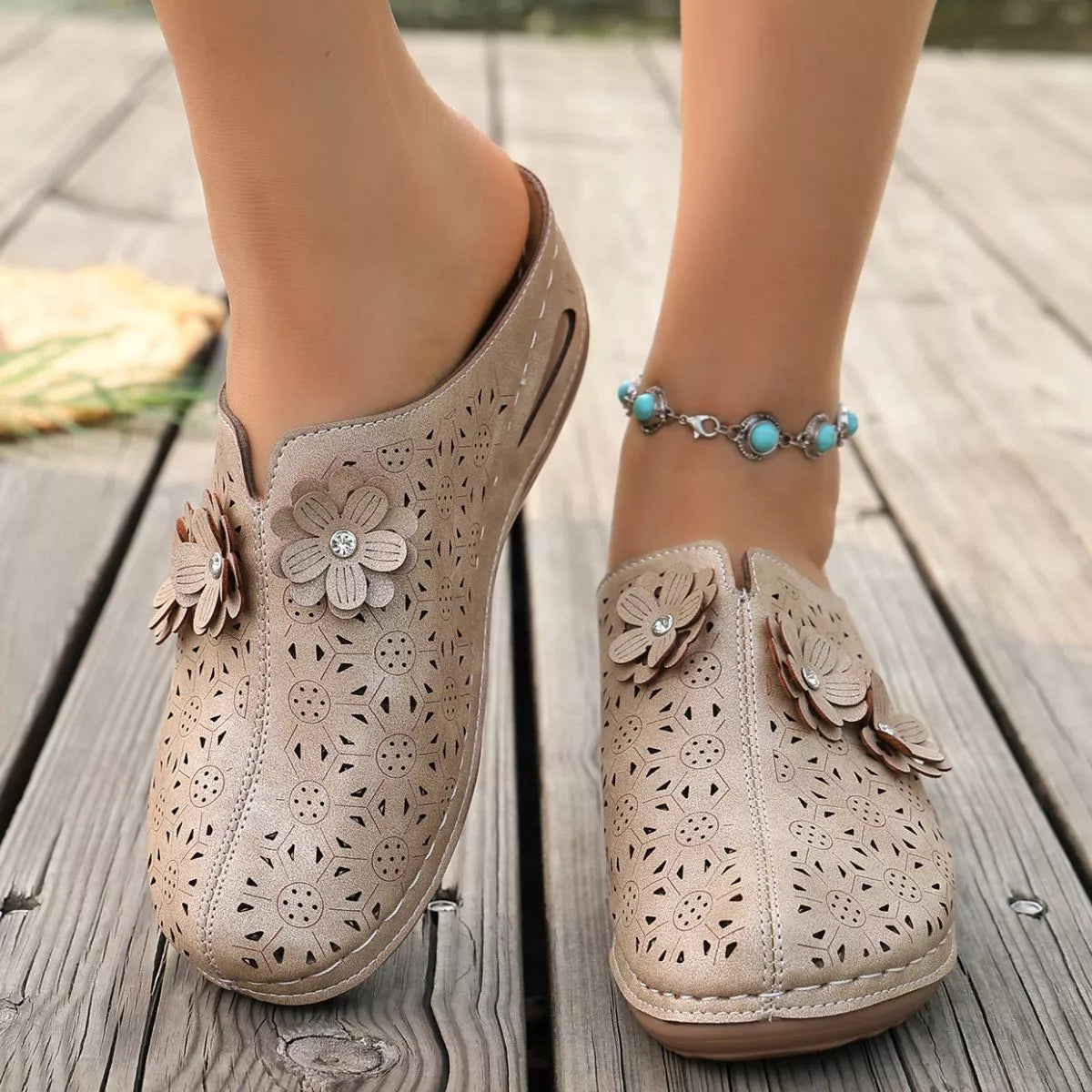 Plush Fashion Hub floral decor round toe sandals with colorful flower embellishments and comfortable flat sole.