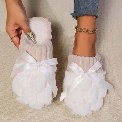 Bow Trim Contrast Slippers with white ribbon and cozy fabric.