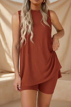 Women's sleeveless tank top and elastic shorts set in solid color, summer 2-piece outfit by Plush Fashion Hub