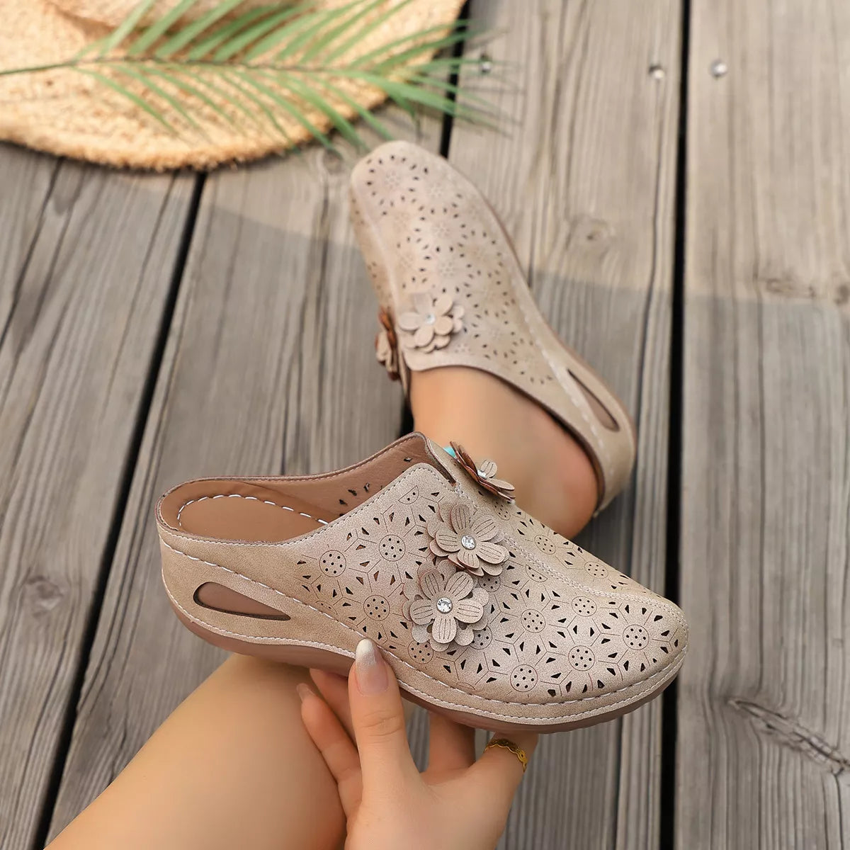 Plush Fashion Hub floral decor round toe sandals featuring colorful flower embellishments and comfortable flat sole.