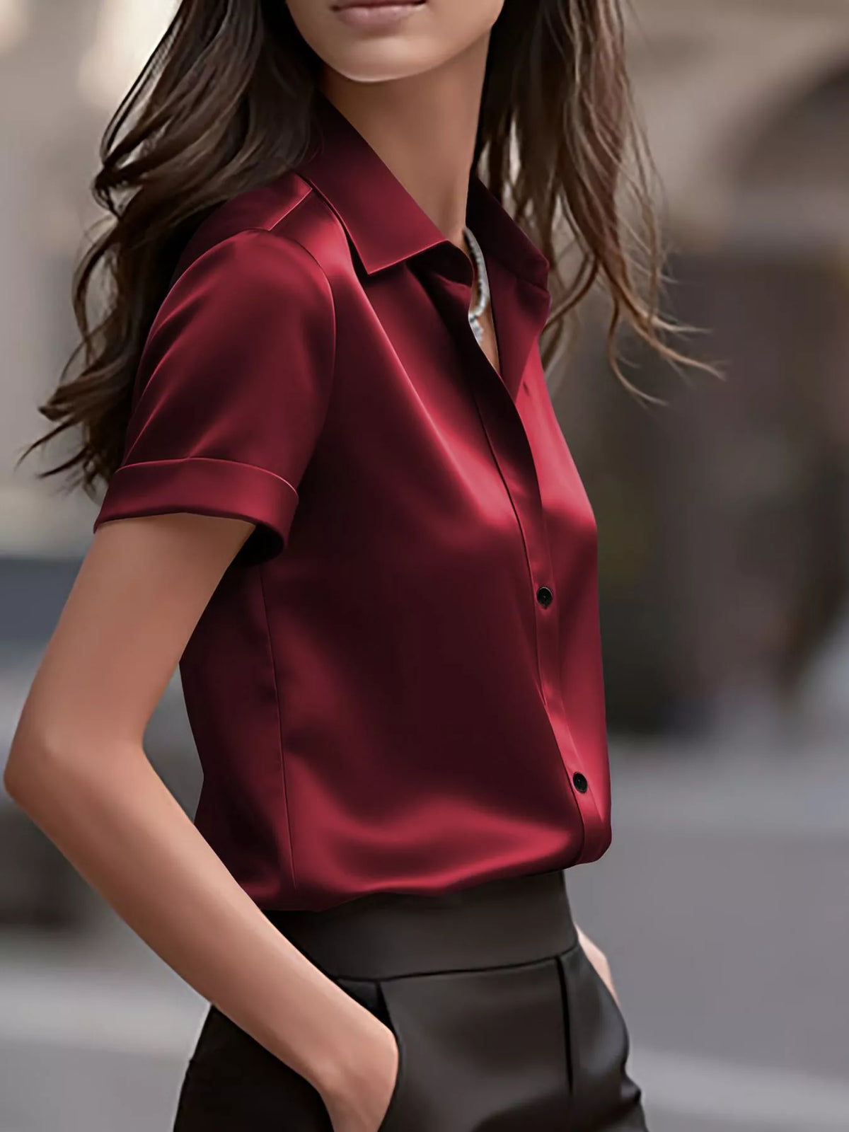 Plush Fashion Hub satin short-sleeve shirt with a smooth, shiny fabric and a relaxed fit, shown on a hanger.