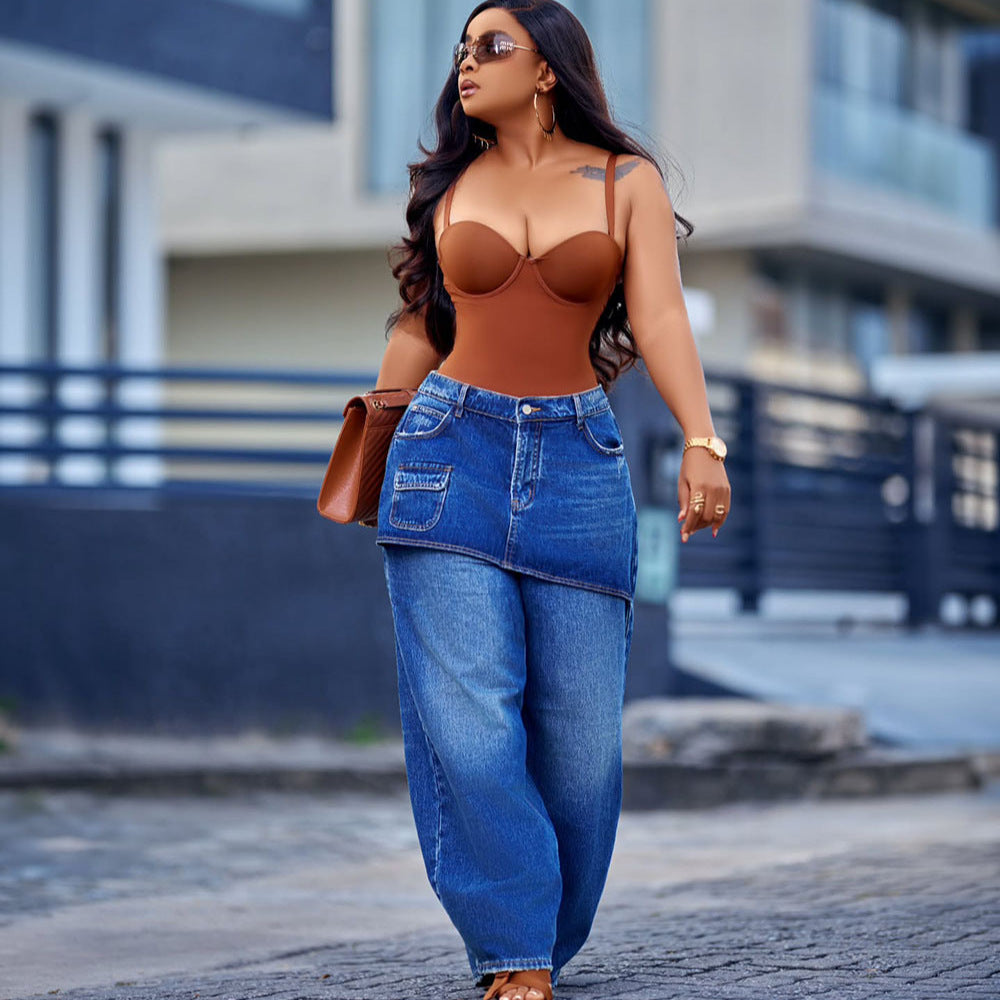 Washed Elastic Waist Straight Leg Denim Pants