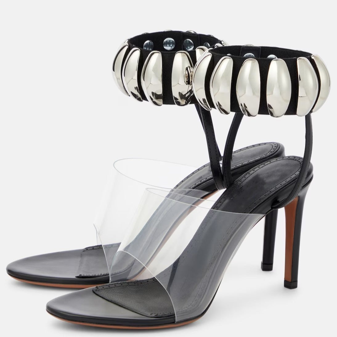 Clear buckle open-toe stilettos heels by Plush Fashion Hub featuring transparent straps and sleek stiletto heels.