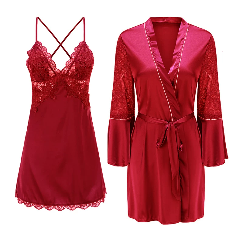 Plus Size Women's Ice Silk V-Neck Lace Suspender Nightgown