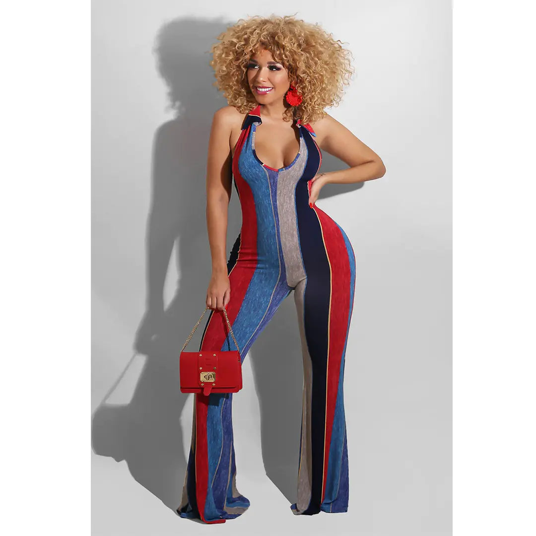 Women striped halter jumpsuit with horn details, bold fashion statement, from Trendy Attic Store01.