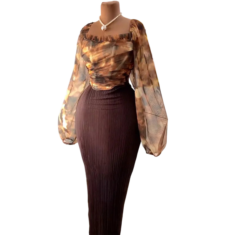 Square Collar Lantern Sleeve Top & High-Waisted Skirt Set