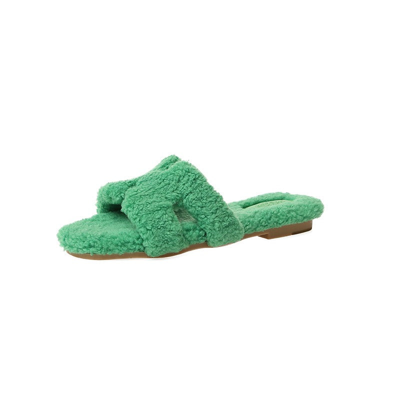 Rainbow lamb fur suede slide sandals by Plush Fashion Hub with colorful fur accents and comfortable slip-on design.