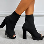 Women chunky high heel round toe fish mouth shoes with stylish design, perfect for fashionable women’s boots by Trendy Attic Store01.