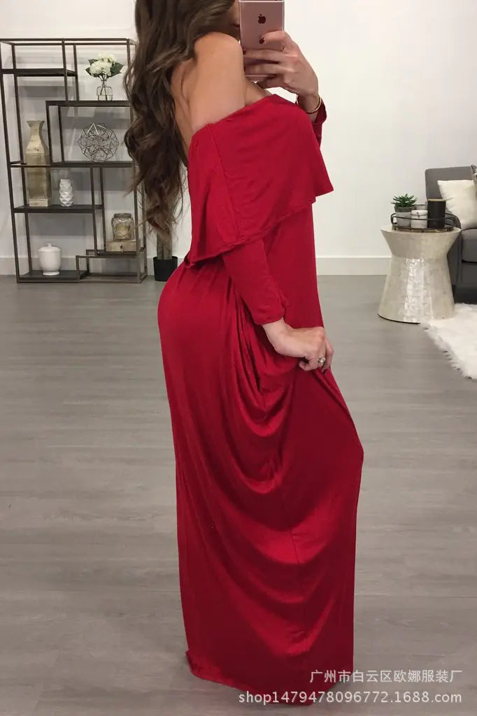 Off-shoulder ruffled long sleeve dress for women, stylish and feminine, featuring a flowy design with tiered ruffles from Trendy Attic Store01