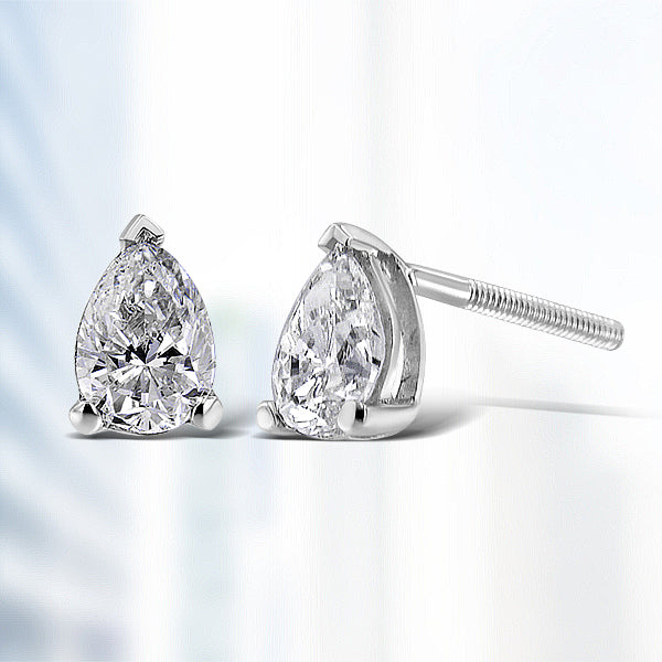 14K white gold pear-shaped lab-grown diamond stud earrings with F-G color, VS2-SI1 clarity, showcasing elegant sparkle.