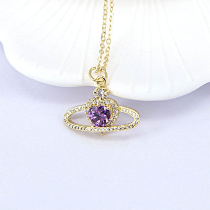 Ladies fashion zircon love necklace with purple gemstone and geometric design.