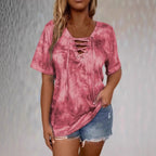 Women's tie-dye print drawstring T-shirt from Plush Fashion Hub with short sleeves and a loose, casual fit.
