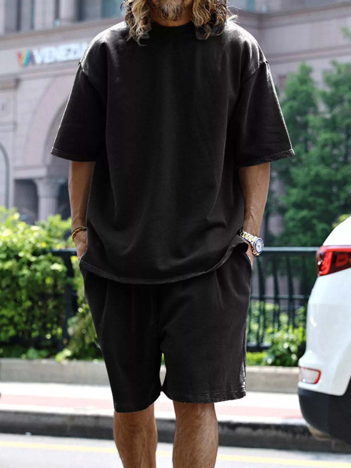 Men's relaxed fit T-shirt and shorts set in plus size from Plush Fashion Hub, casual tops and shorts for comfortable everyday wear.