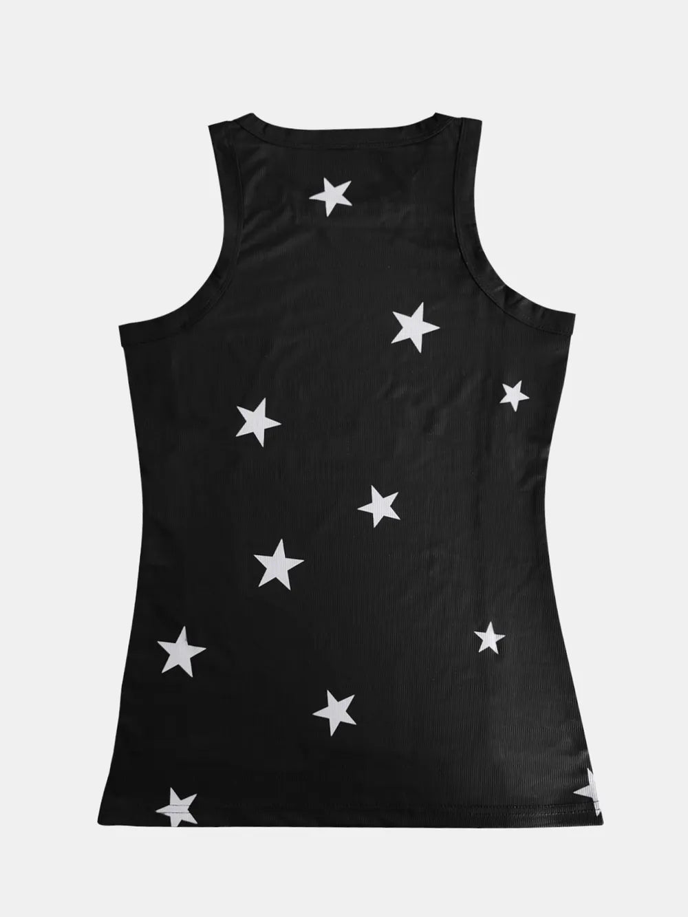 Women’s star print cotton blend round neck casual tank top by Plush Fashion Hub, displayed on a hanger with a white background.