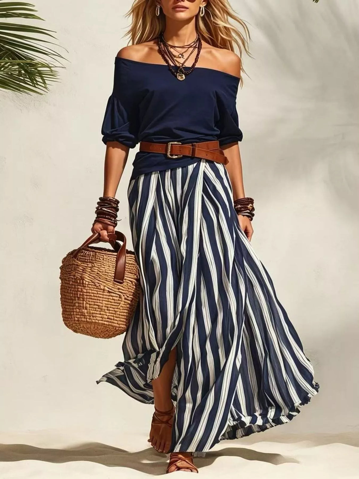 Off shoulder top and striped maxi skirt set by Plush Fashion Hub, featuring a stylish matching outfit for casual or summer wear.