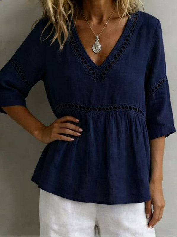 Women's V-neck hollow-out fringe cotton-linen casual top by FitiqueFit, featuring a relaxed fit with stylish fringe details.