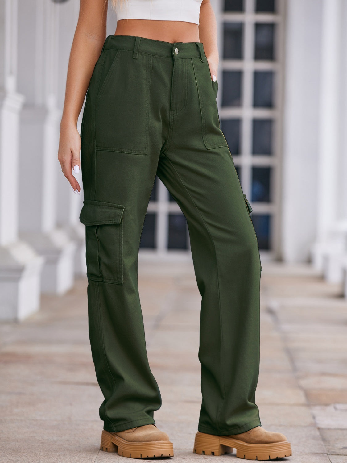 Straight denim cargo pants by Plush Fashion Hub, showing front view with pockets and classic blue denim fabric.