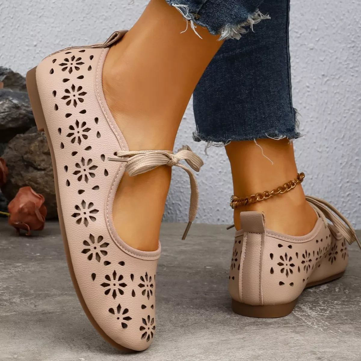 Plush Fashion Hub floral cutout tied slip-on sandals with open toe and adjustable ankle tie for summer wear.