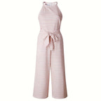 Casual striped cap sleeve jumpsuit with wide-leg design, made by Plush Fashion Hub, perfect for summer casualwear.