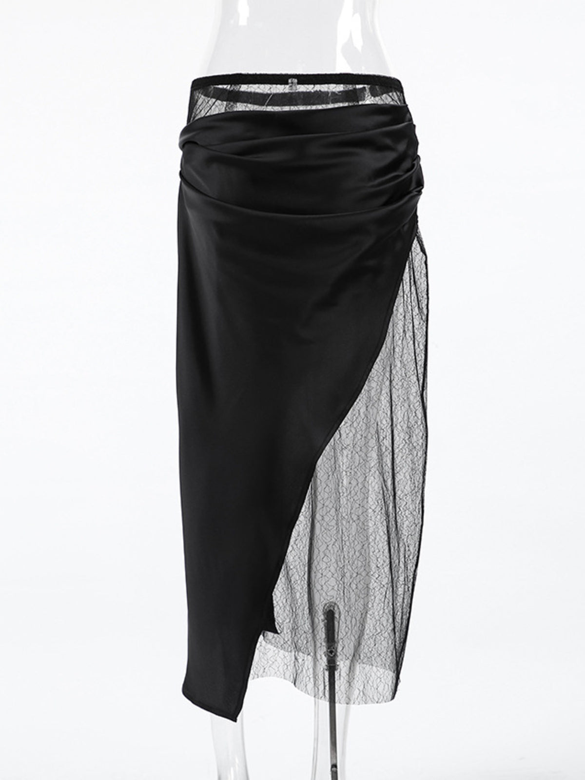 Women’s elegant lace midi skirt with sheer split detail, plush fashion hub women’s apparel, showcasing the stylish design and fabric.