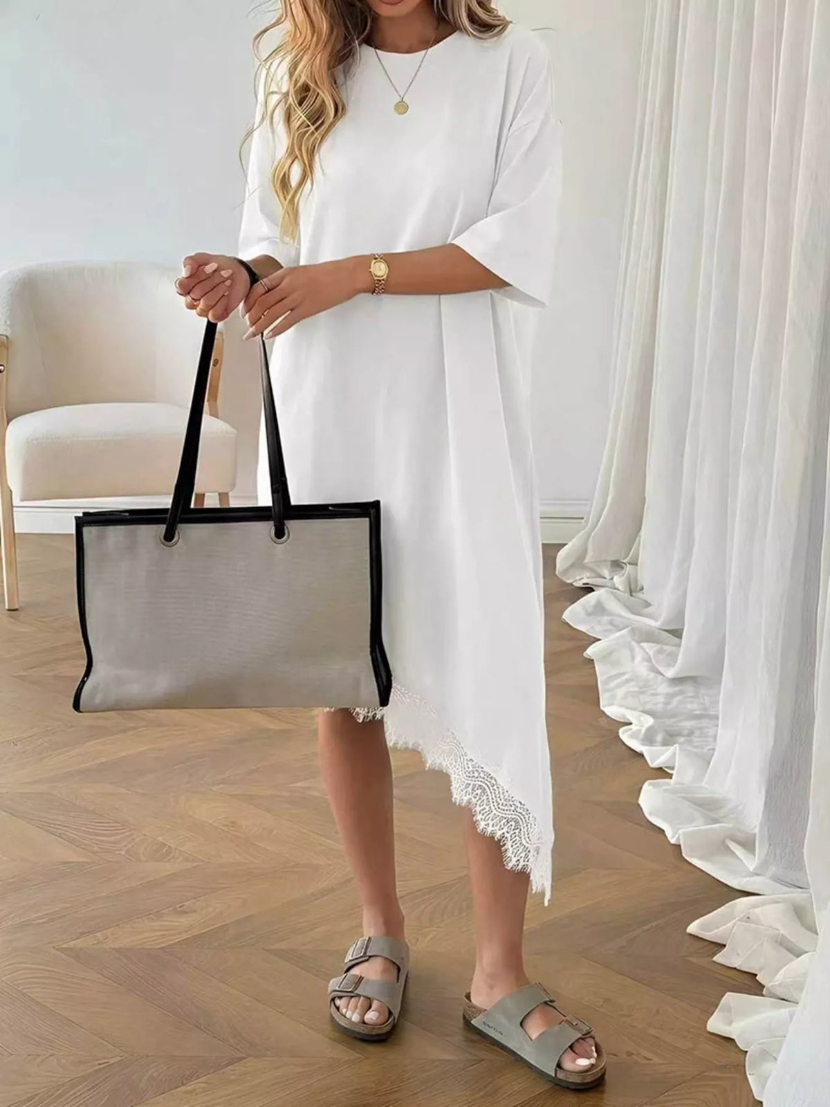 Lace trim asymmetrical hem T-shirt dress by Plush Fashion Hub featuring a casual shirt dress style with detailed lace accents.