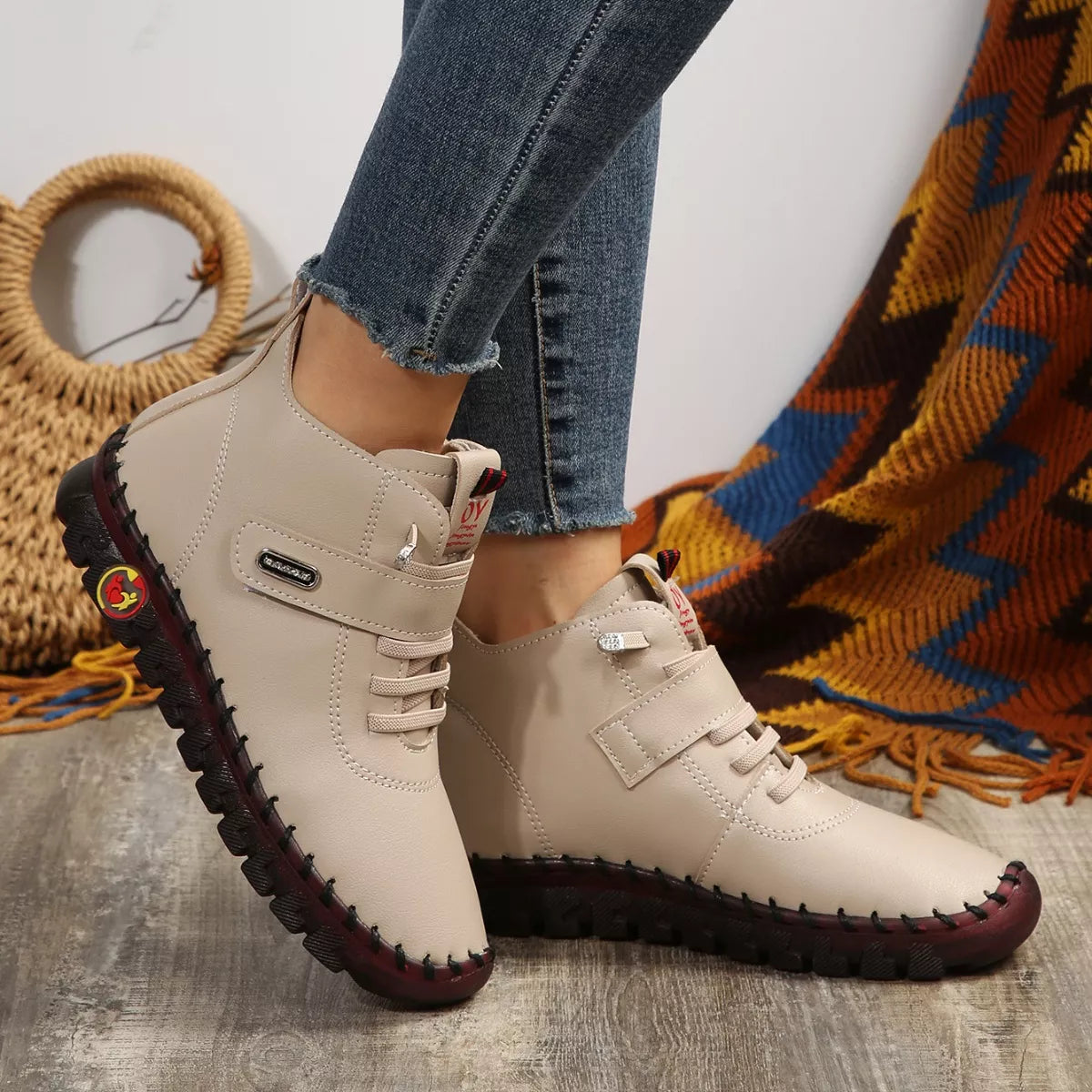 Lace-up platform ankle boots in black leather with chunky heels, stylish footwear from Trendsi.