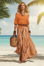 Women's off-shoulder top and slit maxi skirt set in casualwear style, featuring a stylish FitiqueFit brand design.
