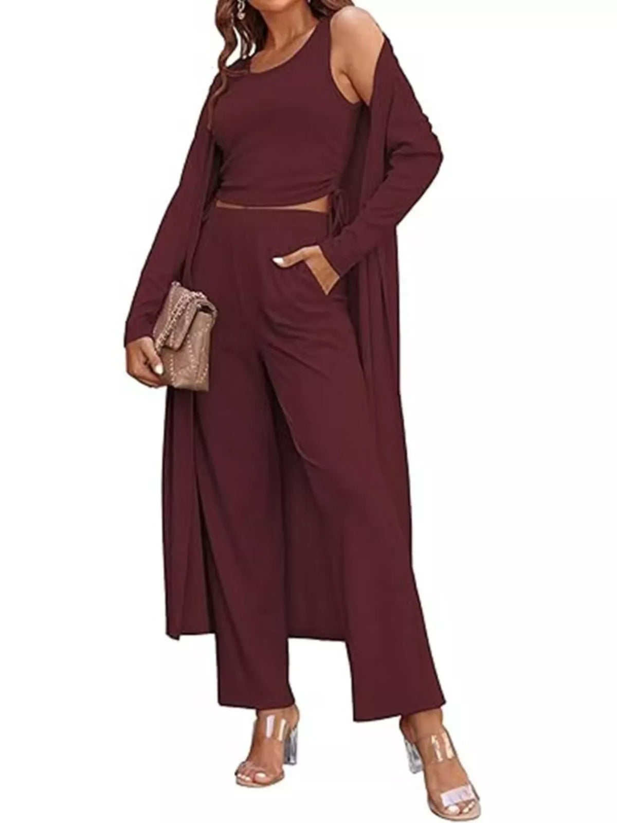 Plush Fashion Hub round neck tank cardigan and matching pants loungewear set, soft fabric, comfortable fit for casual wear.