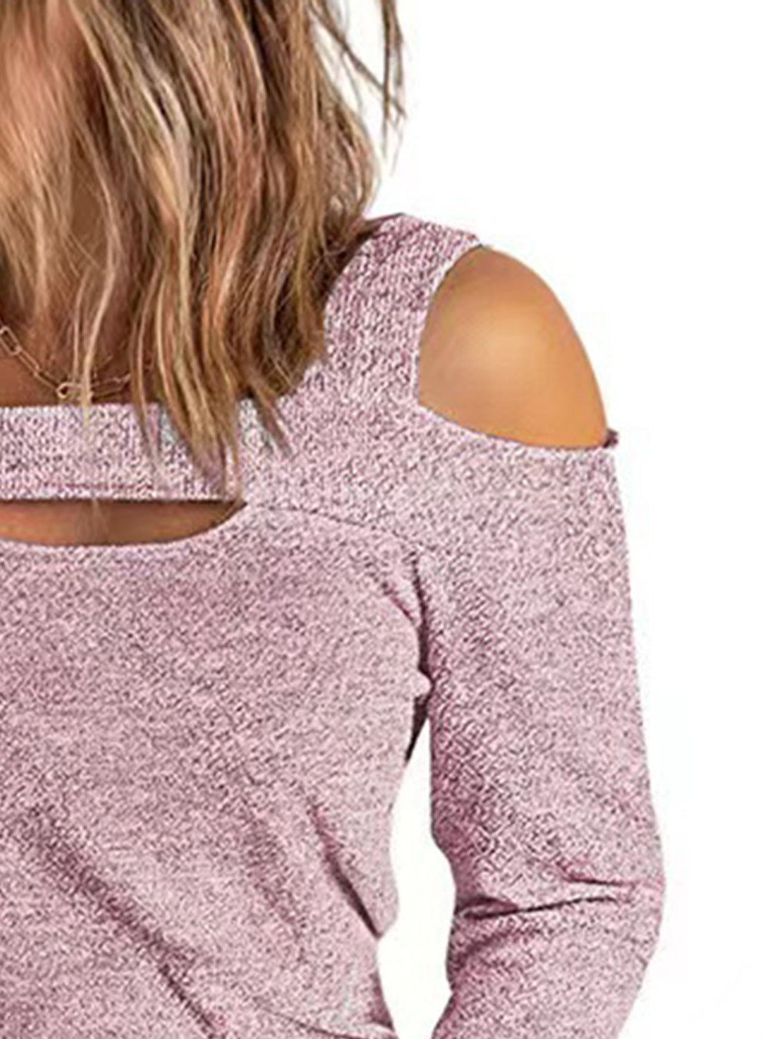 Elegant women's cold shoulder polyester blouse with cutout design, stylish top from Plush Fashion Hub.