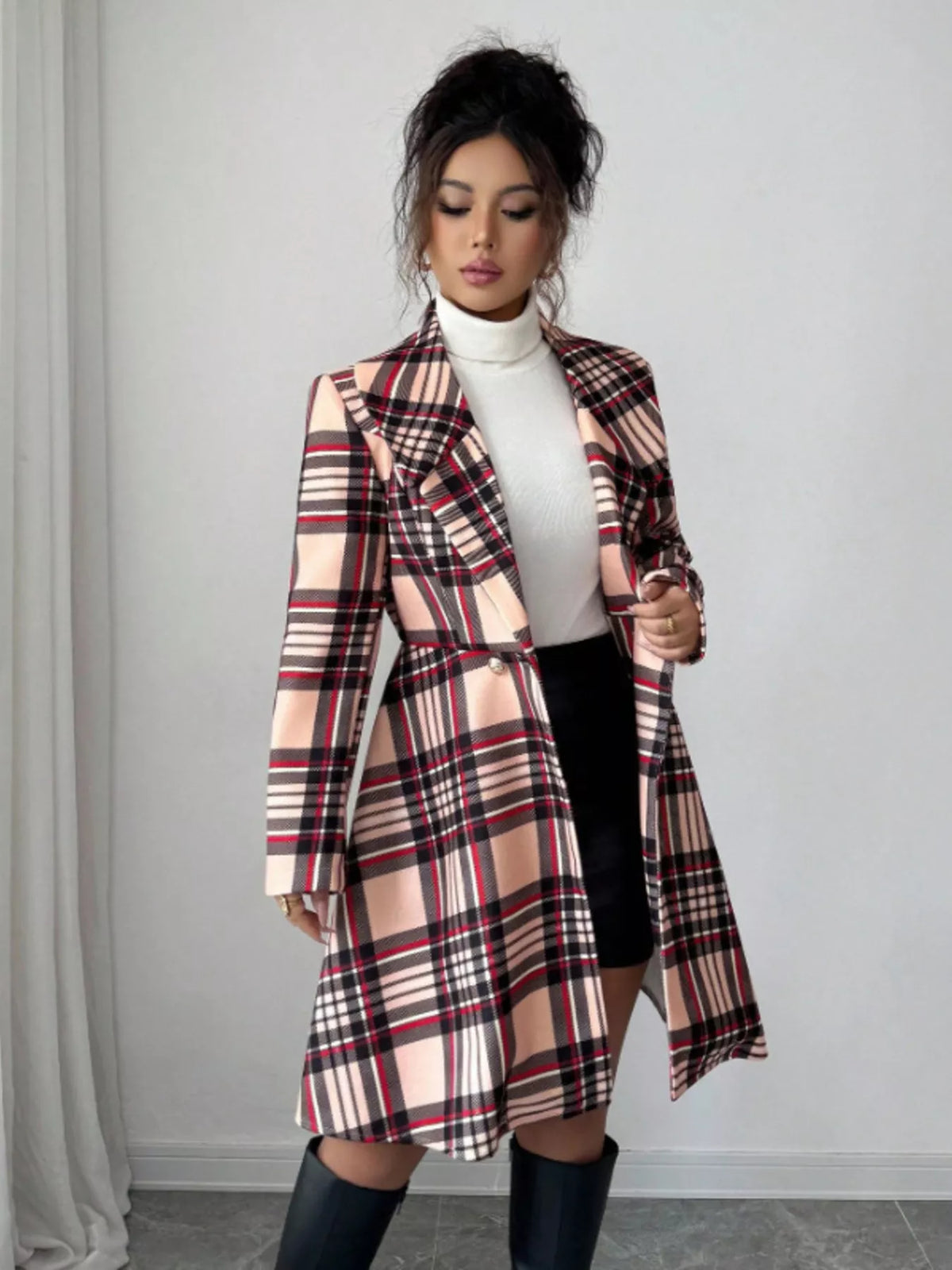 Simply Love plaid button-up long sleeve coat with classic plaid pattern and button closure, perfect for stylish layered looks.